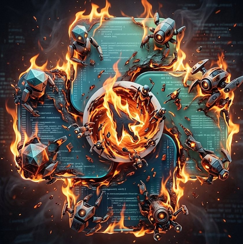 A burning application window swarmed by small robots
